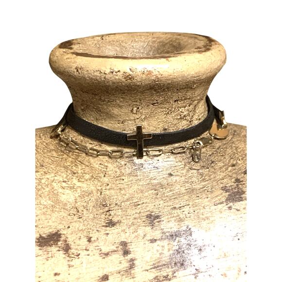 Jennifer Zuener Black Leather and Gold Cross Wrap Bracelet - Picture 1 of 5